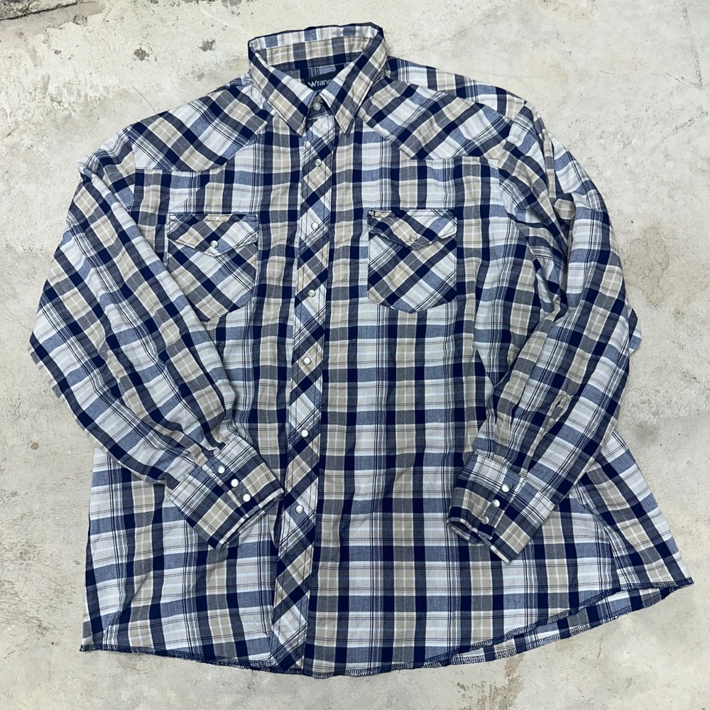 Wrangler‎ Western Plaid Long Sleeve Pearl Snap Shirt Men's XXL XXLTG Blue Beige